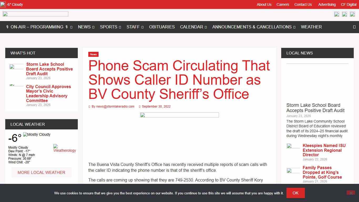 Phone Scam Circulating That Shows Caller ID Number as BV County Sheriff's Office - Storm Lake Radio